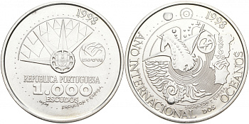 Португалия 1000 эскудо 1998 международный год океанов, EXPO 98 KM 707 серебро UNC 1081-6-62