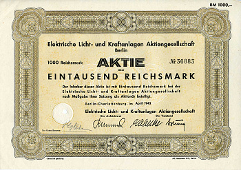 Германия 1000 рейхсмарок 1943 АО Электрические осветительные и энергетические установки, Берлин, акция   бумага  8804-80-1
