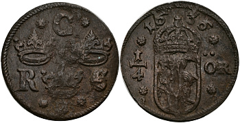 Швеция 1/4 эре 1636 Кристина (1632-1654) KM 152.2 медь 540-616