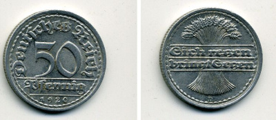 ГЕРМАНИЯ 50 ПФЕННИГОВ 1920 D KM 27, J. 301 алюминий 41-743