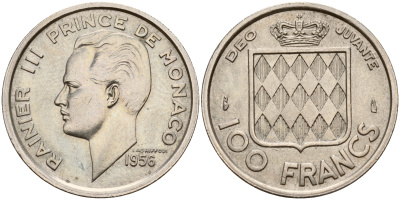 Монако 100 франков 1956 Ранье III (1949-2005) KM 134 медно-никель    4595-331