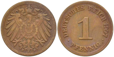 ГЕРМАНИЯ 1 ПФЕННИГ 1907 F KM 10, J. 10, Weege 2 медь 211-353