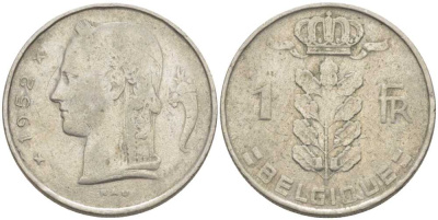 БЕЛЬГИЯ 1 ФРАНК 1952 BELGIQUE, БОДУЭН I (1951-1993) KM 142.1 медно-никель 119-437