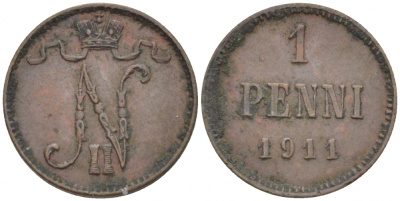 Россия для Финляндии 1 пенни 1911 Николай II (1894-1917) KM 13, Биткин 471 медь 4396-1345