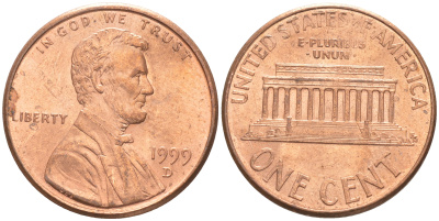 США 1 цент 1999 D, Авраам Линкольн KM 201b цинк плакированный медью UNC 187-749