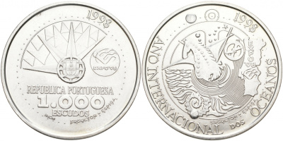 Португалия 1000 эскудо 1998 международный год океанов, EXPO 98 KM 707 серебро UNC 1081-6-62