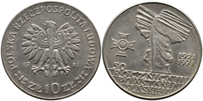 Польша 10 злотых 1971 MW, 50 лет битве за Верхнюю Силезию KM 64 медно-никель BUNC 441-725