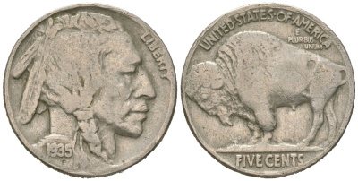 США 5 центов 1935 индеец, бизон KM 134 медно-никель 4614-1167