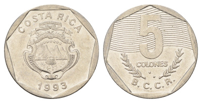 Коста-Рика 5 колонов 1993 год-тип KM 214.3 сталь плакированная никелем 183-944