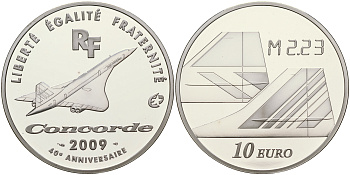 Франция 10 евро 2009 40 лет самолетам Конкорд, превышение скорости звука в 2,23 раза KM NEW серебро PROOF 11-165-24