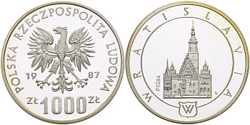Польша 1000 злотых 1987 MW, Вроцлав, PROBA, проба, тираж 24000 экз., KM Pr561, Parchimowicz P.491a серебро PROOF 1085-2-24