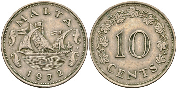 Мальта 10 центов 1972 баржа Великого магистра KM 11 медно-никель 4137-831