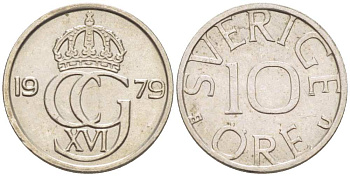Швеция 10 эре 1979 U, Карл XVI Густав (1973- ) KM 850 медно-никель 4516-446