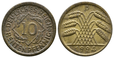 ГЕРМАНИЯ 10 РЕНТЕНПФЕННИГОВ 1924 D KM 33, J. 309, Weege 8 алюминиевая бронза 4380-934