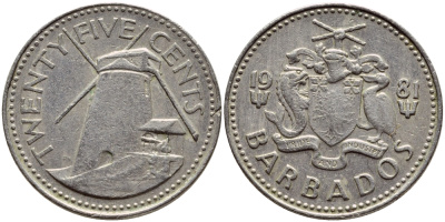 Барбадос 25 центов 1981 ветряная мельница Моргана Льюиса KM 13 медно-никель 4398-415