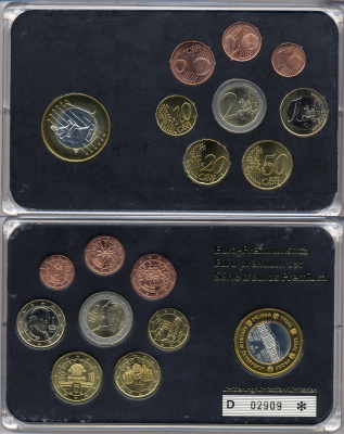 Австрия евронабор от 1 евроцента до 2 евро  включает 1 евро проба, планшет  биметалл, медно-никель  UNC  4-4-1-57