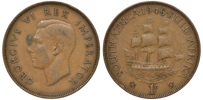 Южная Африка 1 пенни 1945 Георг VI KM 25 бронза 4162-221