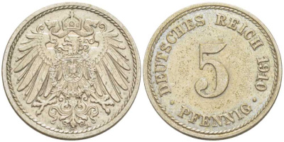 Германия 5 пфеннигов 1910 A KM 11, J. 12, Weege 6 медно-никель 206-964