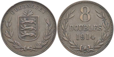Гернси 8 даблов (дублей) 1914 KM 14 бронза 3996-536