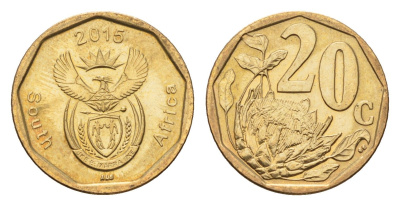 ЮАР 20 центов 2015 герб, цветок протея KM 270 сталь плакированная бронзой UNC 4687-657