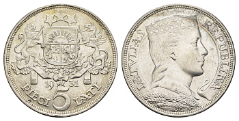 Латвия 5 латов 1931 девушка KM 9 серебро 443-1035