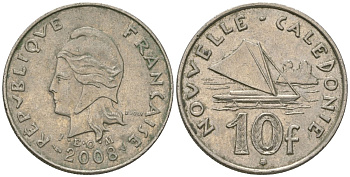 Французская Новая Каледония 10 франков 2008 рыбачья парусная лодка, (IEOM) KM 11a, Schoen 13a, Lec 99k медно-никель 60-726
