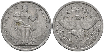 Французская Новая Каледония 2 франка 1977 птица кагу, (IEOM) KM 14, Schoen 11, Lec 58 алюминий    08-643