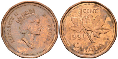 Канада 1 цент 1991 Елизавета II (1952-2022), кленовый лист KM 181 бронза 4580-354