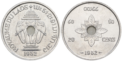 Лаос 20 центов 1952 король Сисаванг Вонг (1904-1959), слоны KM 5 алюминий  aUNC  4367-225