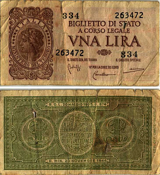 Италия 1 лира 1944 23 ноября 1944, подпись BoLaffi, CavalLaro, Giovinco Pick 29b, Grapanzano BS 8 бумага 2192-49-2