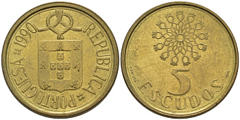 ПОРТУГАЛИЯ 5 ЭСКУДО 1990 KM 632 никель латунь 67-716