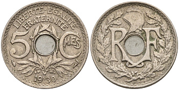Франция 5 сантимов 1930 KM 875 медно-никель 4596-613