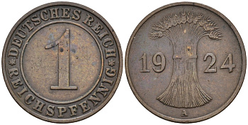 Германия 1 рейхспфенниг 1924 A KM 37, J.313, Weege 2 медь 4585-548