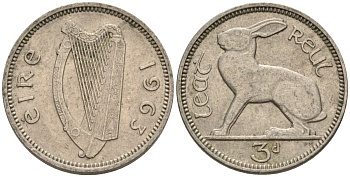 Ирландия 3 пенса 1963 заяц KM 12a медно-никель 4596-1068