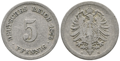 ГЕРМАНИЯ 5 ПФЕННИГОВ 1875 D, СТАРОГЕРБОВКА KM 3, J. 3 медно-никель 39-334