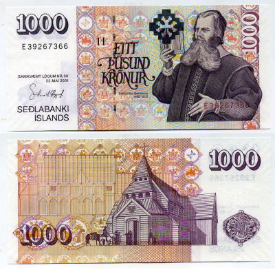 Исландия 1000 крон 2001 Бриньольфур Свейнссон Pick 59 (5) бумага UNC (пресс) 00-00