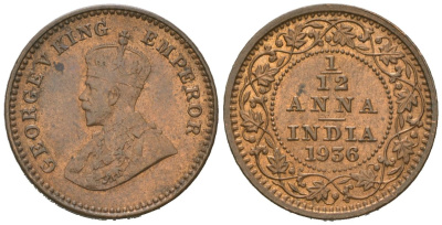 Британская Индия 1/12 анны 1936 Георг V (1910-1936) KM 509 бронза UNC 4615-944