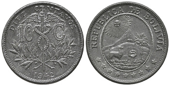 БОЛИВИЯ 10 СЕНТАВО 1942 KM 179а цинк 100-767