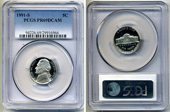 США 5 центов 1991 S, президент Джеферсон, в слабе PCGS PR69CAM KM А192 медно-никель PROOF 15-003-12