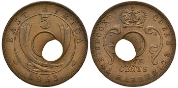 Британская Восточная Африка 5 центов 1963 технологический брак, смещение отверстия, RARE бронза 5010-412