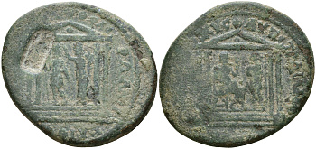 Римская Империя, Провинция Азия, Пергам AE 98 - 117 Траян, император перед статуей зевса в храме / богиня Рома увенчивает императора в храме, надчеканка (Very rare) RPC III 1717 бронза 1100-6-15
