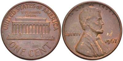 США 1 ЦЕНТ 1967 ЛИНКОЛЬН KM 201 медь цинк 105-648