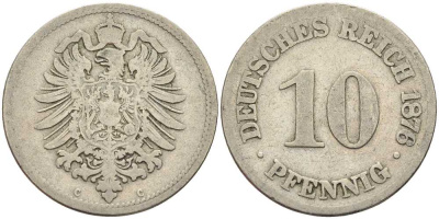 ГЕРМАНИЯ 10 ПФЕННИГОВ 1876 C, СТАРОГЕРБОВКА KM 4, J. 4 медно-никель 4401-313