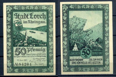 Лорх на Рейне (Пруссия, Гессен-Нассау) 50 пфеннигов 1921 DeNG 1/2 815.3 бумага aUNC 7556-7-2-1