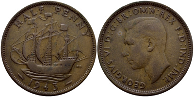 Великобритания 1/2 пенни 1943 Георг VI (1936-1952) KM 844, Spink 4115 бронза 56-1051