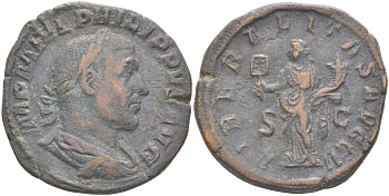 Римская Империя сестерций 244 - 249 Филипп I Араб, бюст императора, IMP M IVL PHILIPPVS AVG / Либералитата, персонификация Щедрости, LIBERALITAS AVGG II S C, Рим (из немецкой коллекции 1-й половины XX века) RIC 180a бронза 1073-23-52