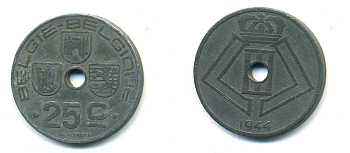 БЕЛЬГИЯ 25 САНТИМОВ 1942 BELGIE-BELGIQUE, ГЕРМАНСКАЯ ОККУПАЦИЯ, ВТОРАЯ МИРОВАЯ ВОЙНА KM 132 цинк 4379-1451