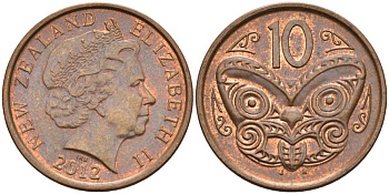 Новая Зеландия 10 центов 2012 маска Маори, Елизавета II (1952-) KM 117а сталь плакированная медью 54-1355