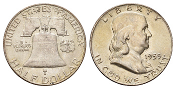 США 1/2 доллара (50 центов) 1959 Бенджамин Франклин, колокол KM 199 серебро aUNC 1528-245