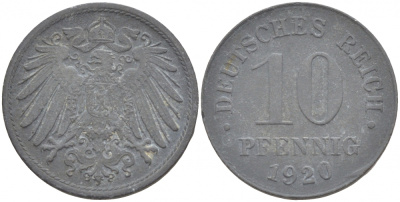 ГЕРМАНИЯ 10 ПФЕННИГОВ 1920 KM 26, J. 299 цинк 4539-1026
